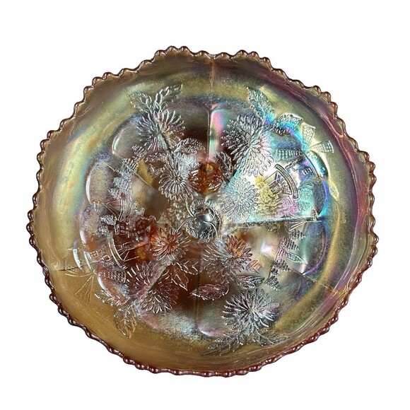 Vintage Imperial Carnival Windmill Pattern Footed Round Glass Bowl with 3 Feet - Picture 7 of 14